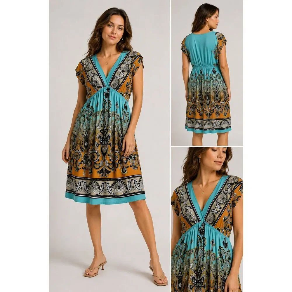 Cristinalove Curious Paisley Print Empire Waist Midi Dress Turquoise Boho Size M
